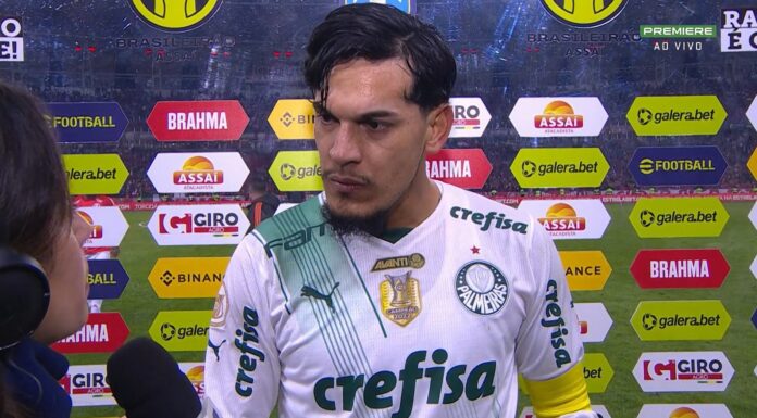 O jogador Gustavo Gómez, da SE Palmeiras, durante entrevista após a partida contra o Internacional, pelo Campeonato Brasileiro, no Estádio Beira-Rio. (Foto: Reprodução)