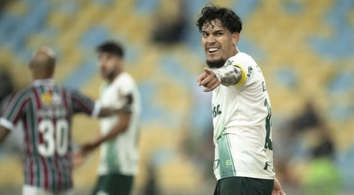 O jogador Gustavo Gómez, da SE Palmeiras, celebra seu gol contra a equipe do Fluminense, pelo Campeonato Brasileiro, no Estádio do Maracanã. (Foto: Jorge Rodrigues/AGIF)