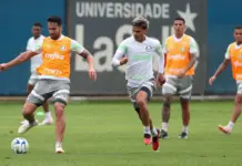 Os jogadores Luan e Richard Ríos (D), da SE Palmeiras, durante treinamento no CT do Grêmio. (Foto: Cesar Greco/Palmeiras/by Canon)