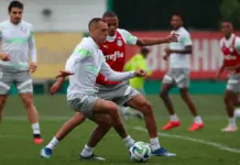 Breno Lopes disputa bola com Jhon Jhon em treino pelo Palmeiras. Foto Cesar GrecoPalmeirasby Canon