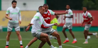 Breno Lopes disputa bola com Jhon Jhon em treino pelo Palmeiras. Foto Cesar GrecoPalmeirasby Canon