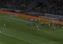 Gol do jogador Marcos Rocha, da SE Palmeiras, contra a equipe do São Paulo, pelo Campeonato Brasileiro, no Allianz Parque. (Foto: Reprodução)
