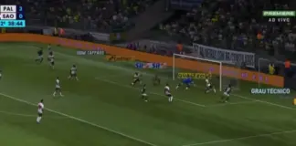 Gol do jogador Marcos Rocha, da SE Palmeiras, contra a equipe do São Paulo, pelo Campeonato Brasileiro, no Allianz Parque. (Foto: Reprodução)
