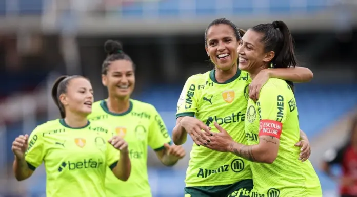 Jogadoras da SE Palmeiras comemoram gol contra a equipe do Caracas, pela Libertadores Feminina. (Foto: Staff Images/Conmebol)