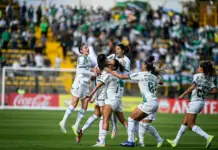 Jogadoras da Se Palmeiras comemoram gol contra a equipe do Atlético Nacional, pela Libertadores Feminina. (Foto: Staff Images Woman/Conmebol)