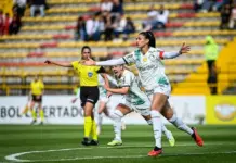 Jogadoras da Se Palmeiras comemoram gol contra a equipe do Atlético Nacional, pela Libertadores Feminina. (Foto: Staff Images Woman/Conmebol)