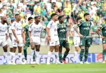 Jogadores da SE Palmeiras em jogo contra a equipe do Santos, pelo Campeonato Brasileiro, na Arena Barueri. (Foto: Marcos Ribolli)