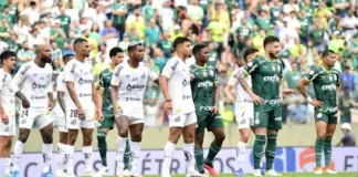 Jogadores da SE Palmeiras em jogo contra a equipe do Santos, pelo Campeonato Brasileiro, na Arena Barueri. (Foto: Marcos Ribolli)