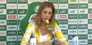 Leila Pereira, presidente do Palmeiras, durante entrevista coletiva na Academia de Futebol. (Foto: Reprodução)