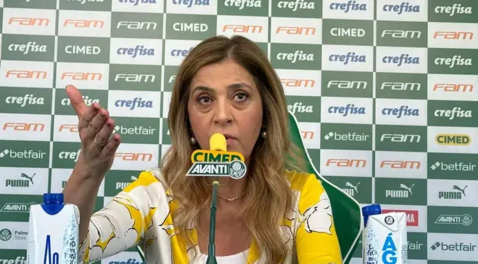 Leila Pereira, presidente do Palmeiras, durante entrevista coletiva na Academia de Futebol. (Foto: Emilio Botta)