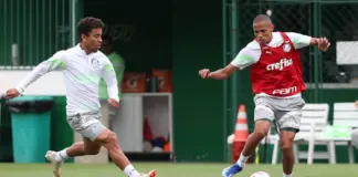 Os jogadores Marcos Rocha e Jhonatan (D), da SE Palmeiras, durante treinamento, na Academia de Futebol. (Foto: Cesar Greco/Palmeiras/by Canon)