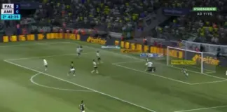 Flaco López marca terceiro gol do Palmeiras contra o América-MG, pelo Campeonato Brasileiro, no Allianz Parque. (Foto: Reprodução Premiere)