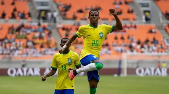 O jogador Estêvão, da SE Palmeiras, durante partida pela Seleção Brasileira Sub-17. (Foto: Leto Ribas/CBF)
