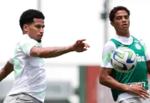 Os jogadores Murilo e Jhonatan Junio , da SE Palmeiras, durante treinamento, na Academia de Futebol. (Foto: Cesar Greco/Palmeiras/by Canon)