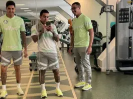O atacante Dudu treinando com profissionais do Palmeiras, na parte interna da Academia de Futebol. (Foto: Reprodução Redes Sociais)