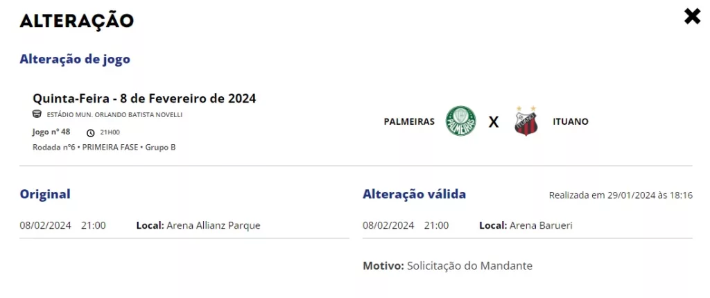 FPF confirma partida entre Palmeiras e Ituno na Arena Barueri. (Foto: Reprodução FPF)