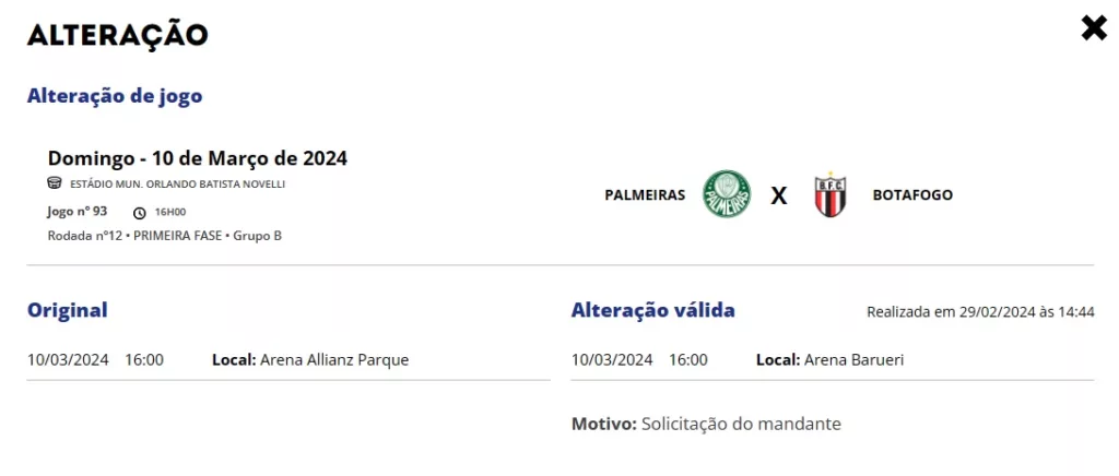FPF confirma partida entre Palmeiras e Botafogo-SP na Arena Barueri. (Foto: Reprodução FPF)