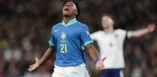 Endrick comemora gol pela seleção brasileira em Wembley Rafael Ribeiro CBF