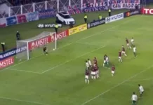 Piquerez marca gol para o Palmeiras diante do San Lorenzo