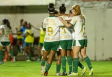 Jogadoras do Palmeiras durante partida contra a equipe do Cruzeiro, pelo Brasileirão Feminino. (Foto: Alê Torres/Staff Images Woman/CBF)
