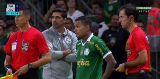 Dudu entra em campo no jogo entre Palmeiras e Juventude, pelo Campeonato Brasileiro, no Allianz Parque. (Foto: Reprodução Premiere)