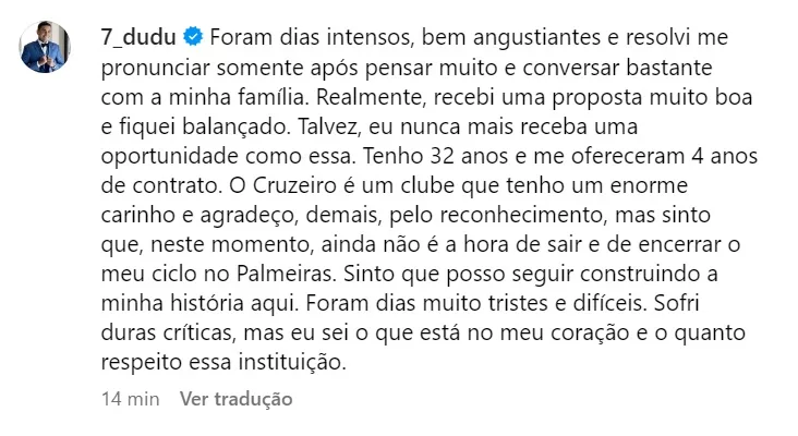 Dudu, do Palmeiras, se pronuncia após polêmica. Foto: Reprodução